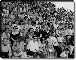Crowds in the grandsstands watch harness racing at the fair